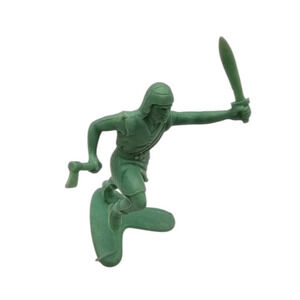 Vintage green plastic toy soldier figure produced by Louis Marx & Co